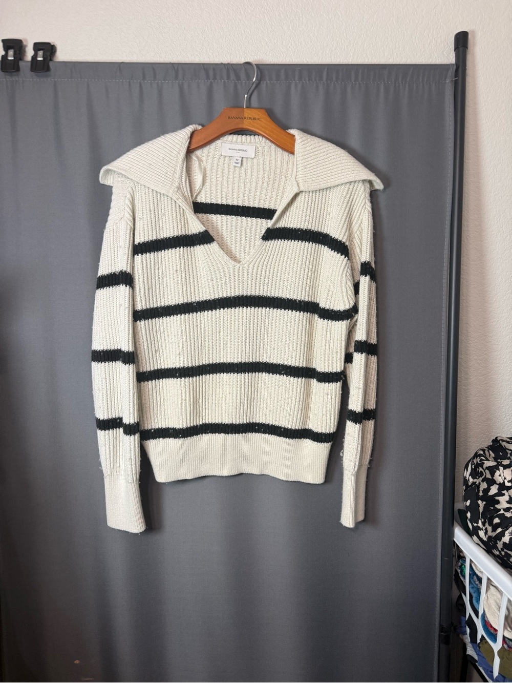 Banana Republic Factory Cream and Black Striped V-Neck Sweater with Collar